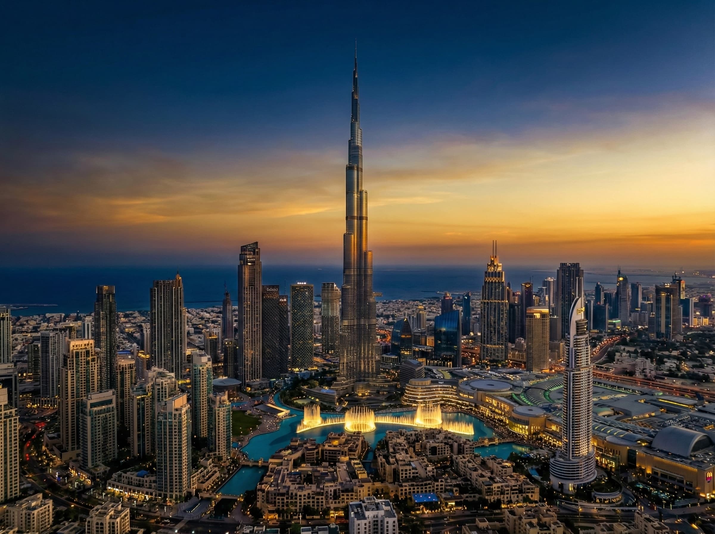 Dubai skyline at twilight featuring Burj Khalifa